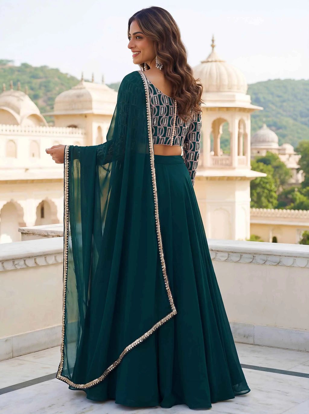 Green Embroidery Work Choli And Lehenga