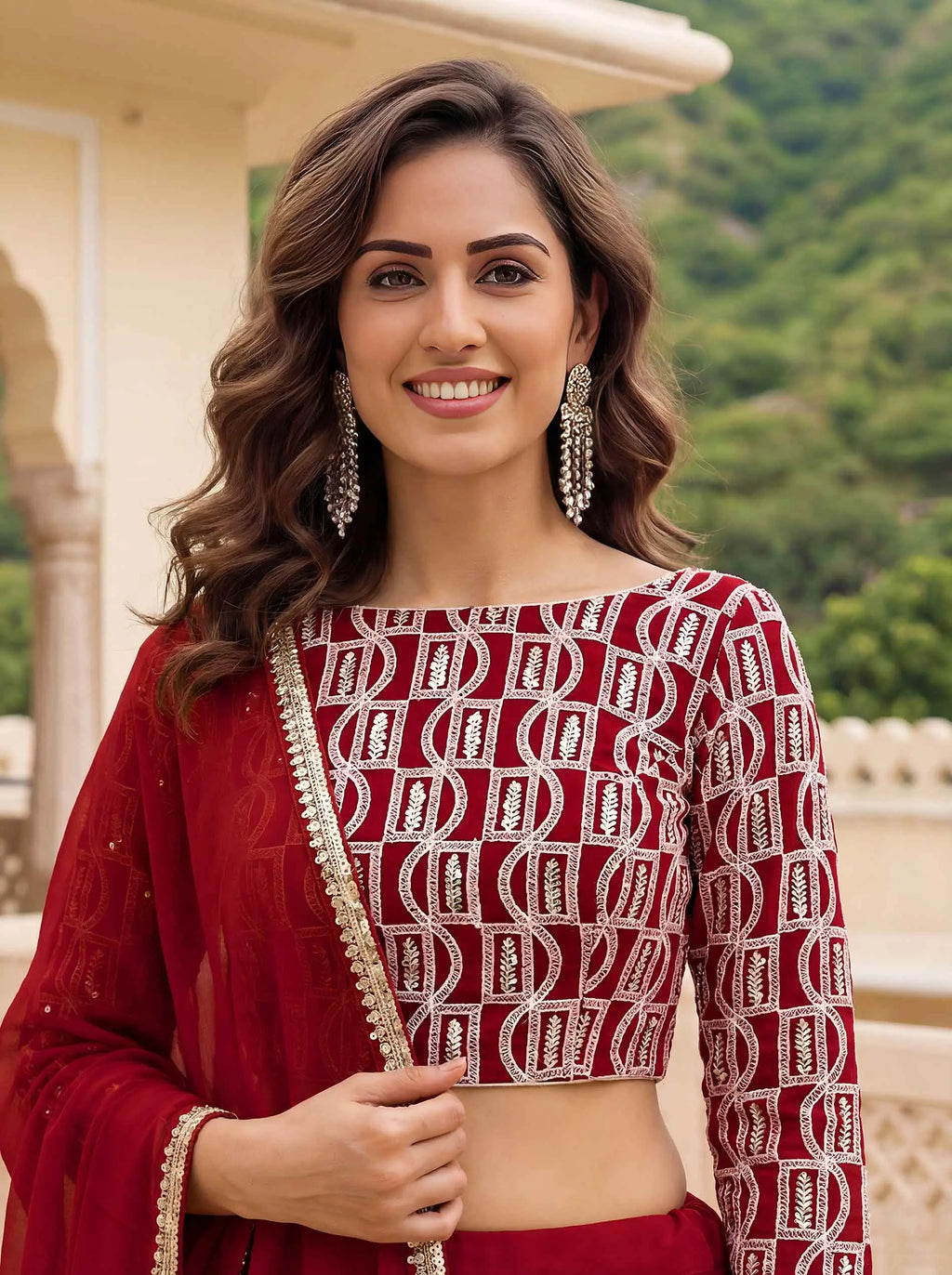 Red Embroidery Work Choli And Lehenga