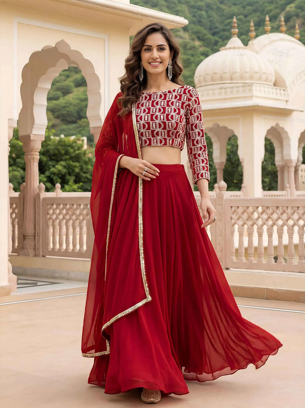 Red Embroidery Work Choli And Lehenga