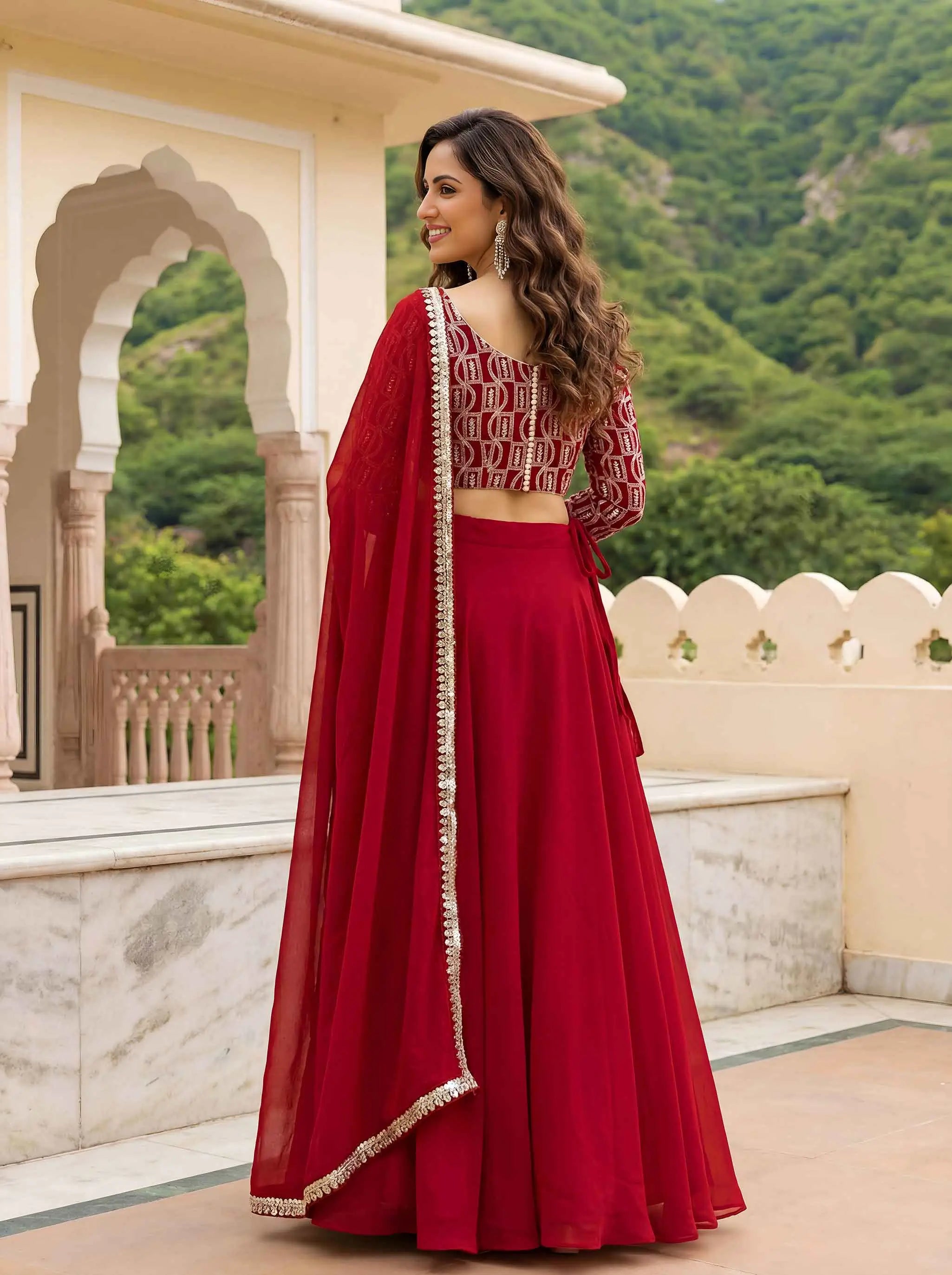 Red Embroidery Work Choli And Lehenga