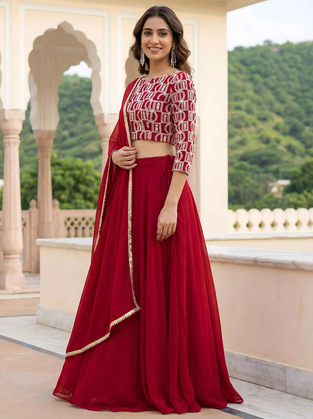 Red Embroidery Work Choli And Lehenga