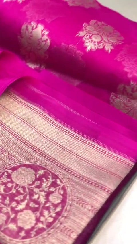Hot Pink Banarasi Handloom Kora Organza Silk Saree