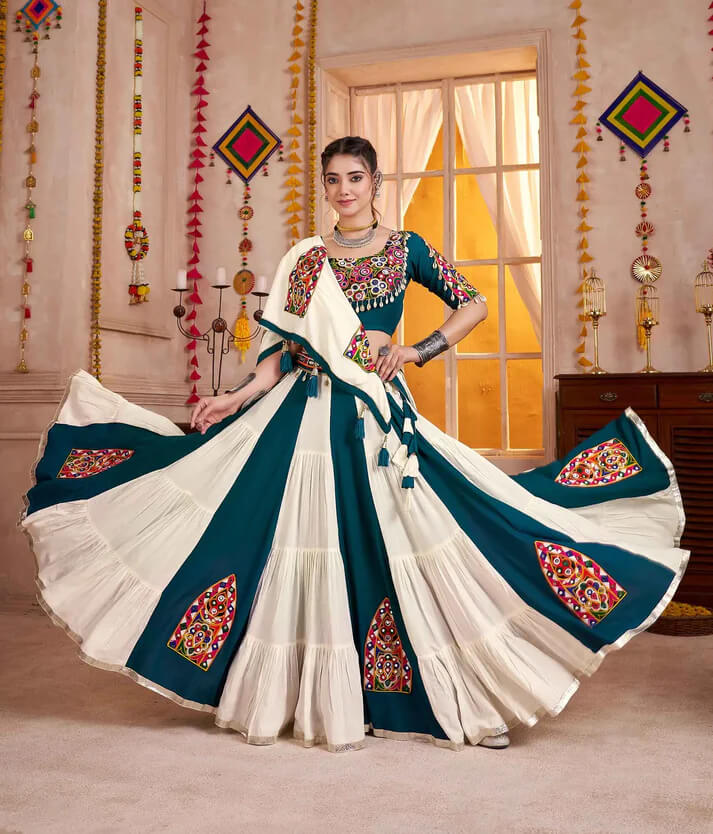White & Teal Kutchi Mirror Work Navratri Lehenga Choli
