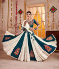 White & Teal Kutchi Mirror Work Navratri Lehenga Choli