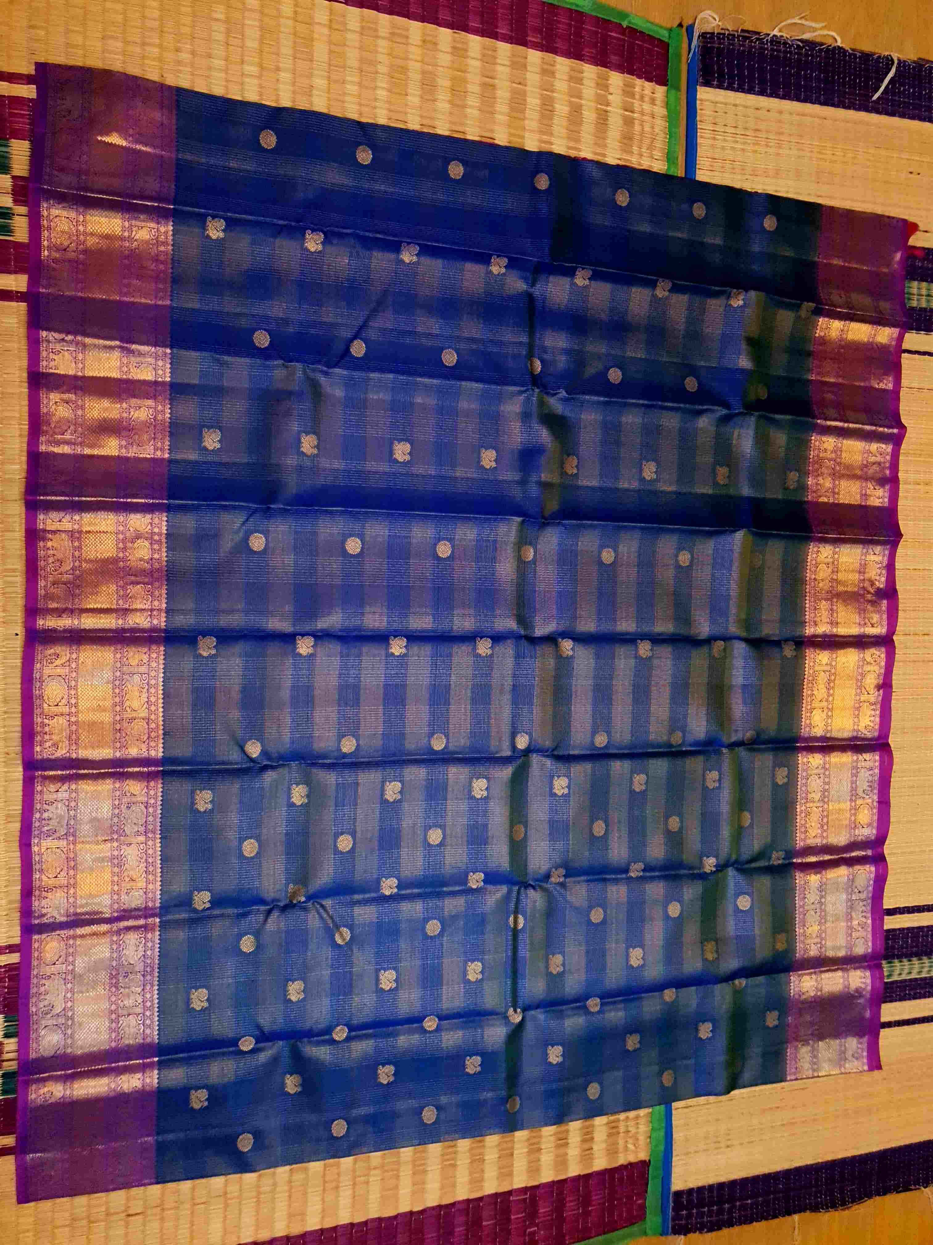 Blå Kanchipuram Handloom 4G Pure Gold Vairaoosi Pattu Silk Saree