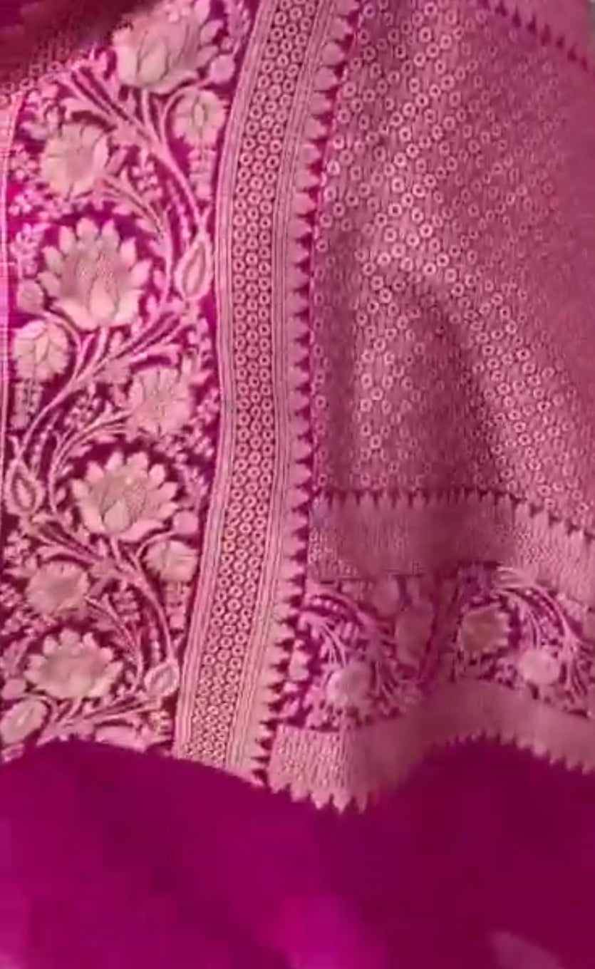 Royal hot pink Katan silk saree with vibrant three-colored Tilfi Meenakari floral buttas and a rich gold zari border.