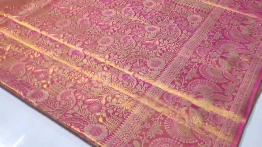 Hot Pink Kanchipuram Håndvævet Brokade Silkesari