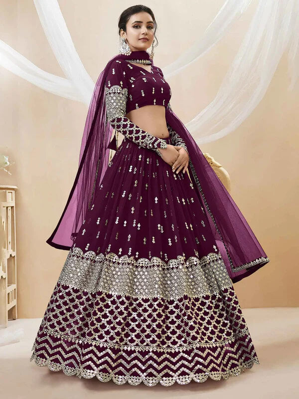 Wine Sequins & Zari Embroidered Georgette Lehenga