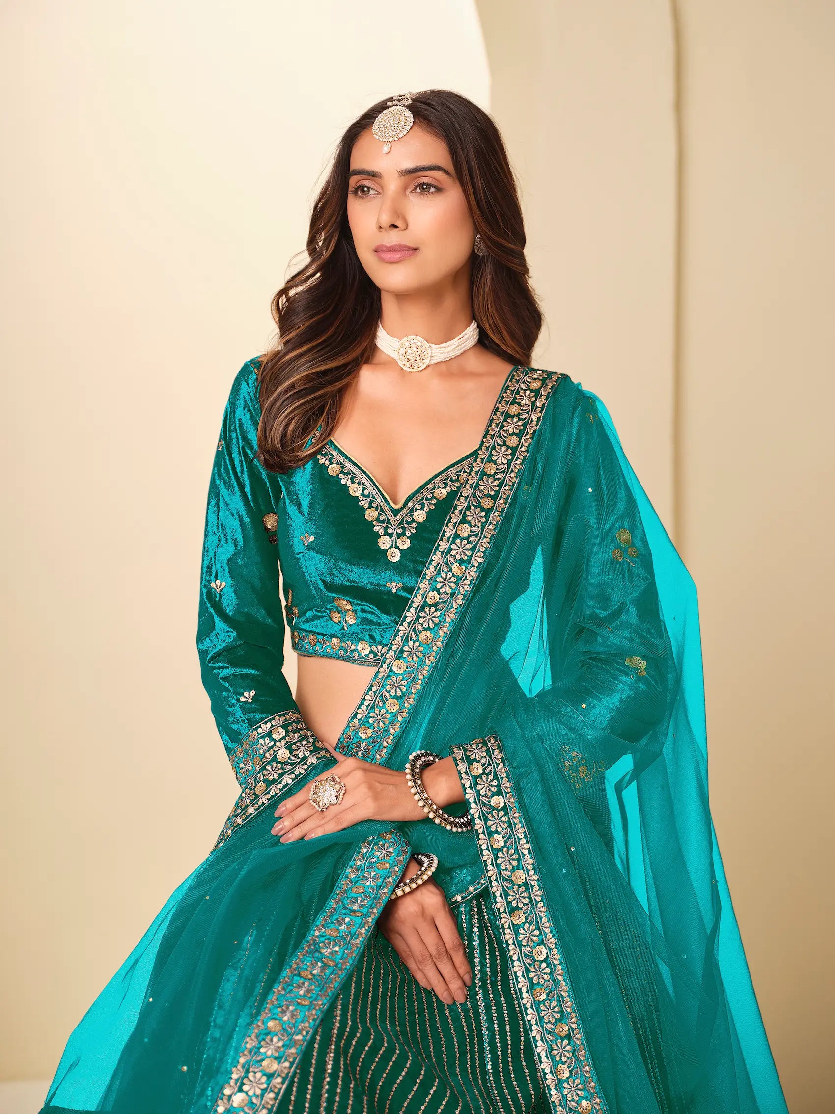 Deep Teal Sequins Embroidery Work Velvet Lehenga Choli