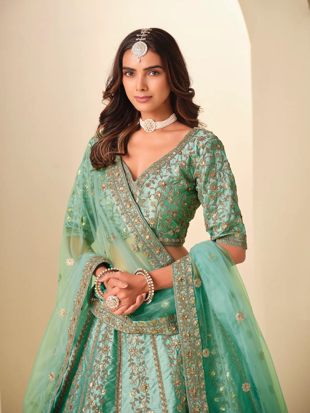 Sea Green Sequins Embroidery Art Silk Lehenga Choli