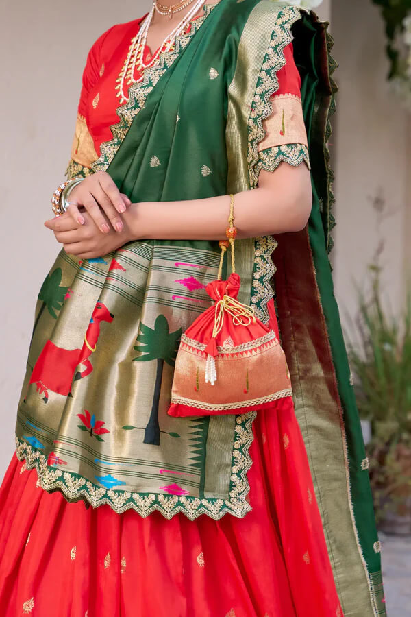 Elegant Bright Red Paithani Silk Lehenga Choli with Zari & Lace