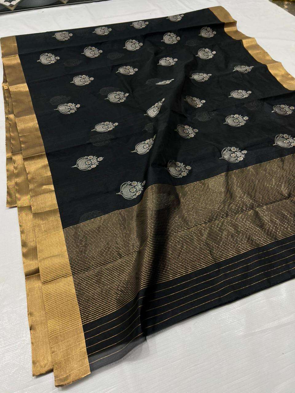 Black Chanderi Handloom Pattu Silk Meenakari Saree