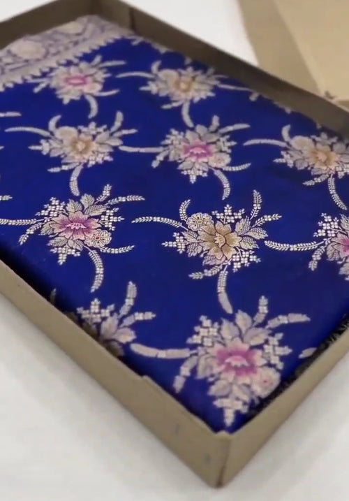 Azure Blue Handloom Banarasi Katan Silk Saree with Colorful Meenakari Floral Borders and Silk Mark Authenticity Label.