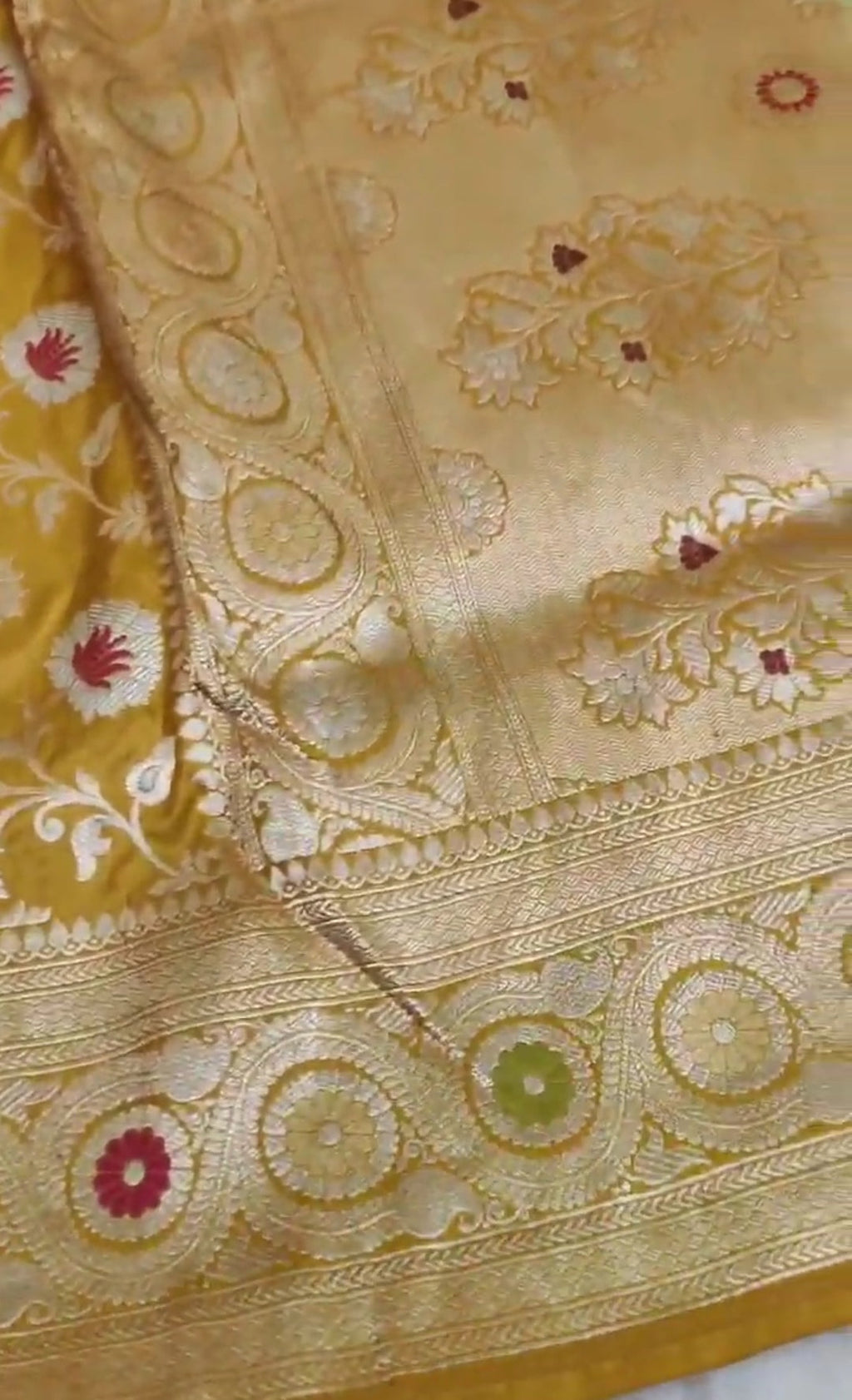 Dual Tone Mustard Banarasi Handloom Katan Silk Meenakari Saree