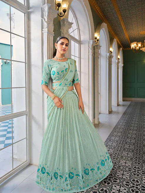 Elegant Light Green Embroidered Georgette Lehenga Choli