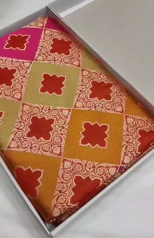 Chilly Red Banarasi Handloom Pure Katan Silk Rangkaat Meenakari Saree