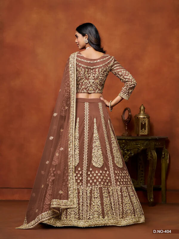 Designer Brown Thread & Sequins Net Lehenga