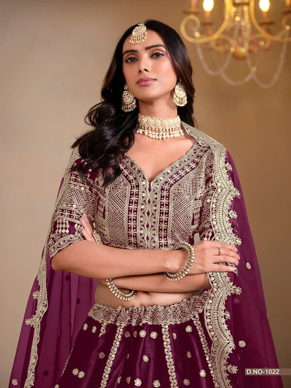 Wine Berry Art Silk Lehenga Choli with Thread & Sequins Work