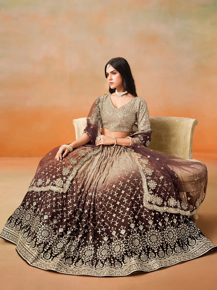 Beige-Brown Gradient Georgette Lehenga with Zari & Sequins