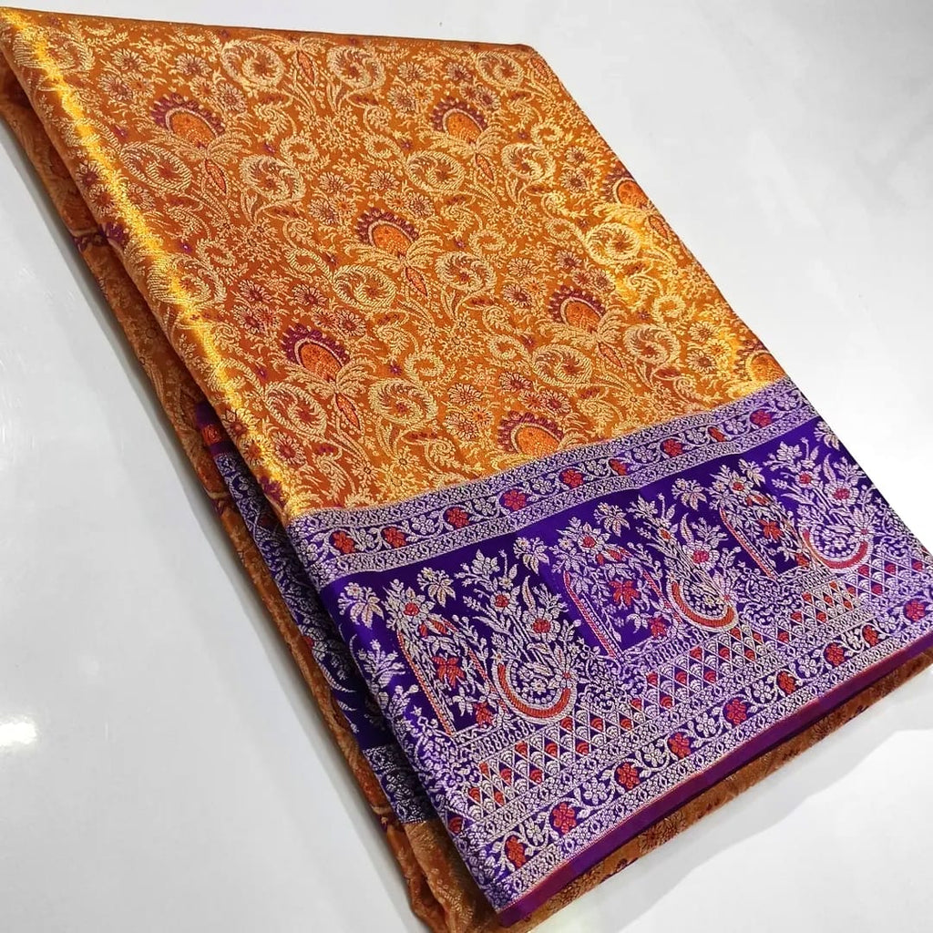 Gold Kanchipuram Handloom Tissue Brocade Meenakari Silk Saree