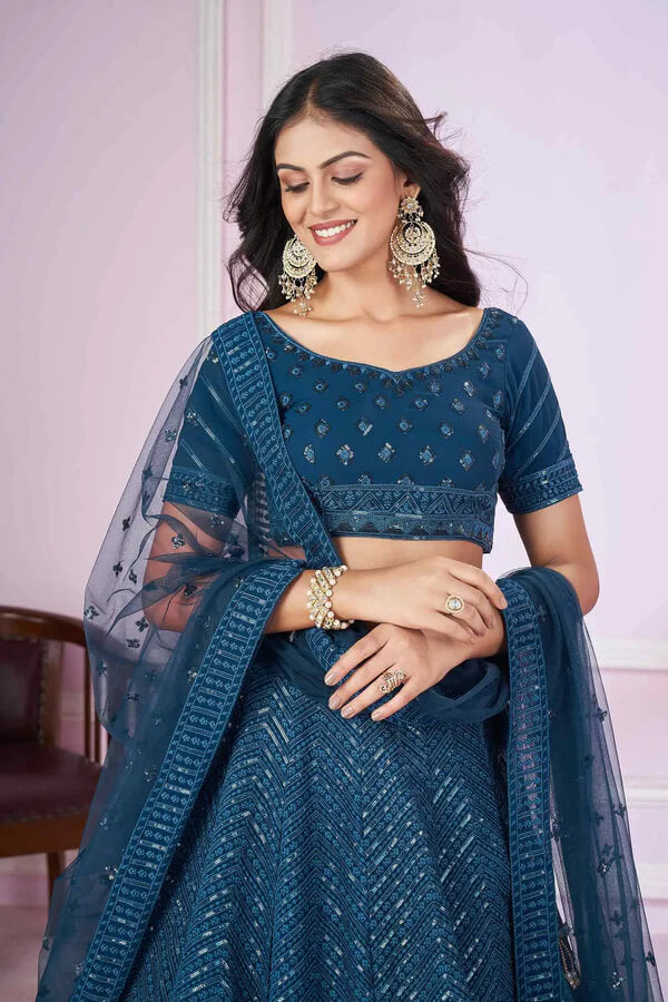 Blue Georgette Lehenga with Sequins & Thread Embroidery