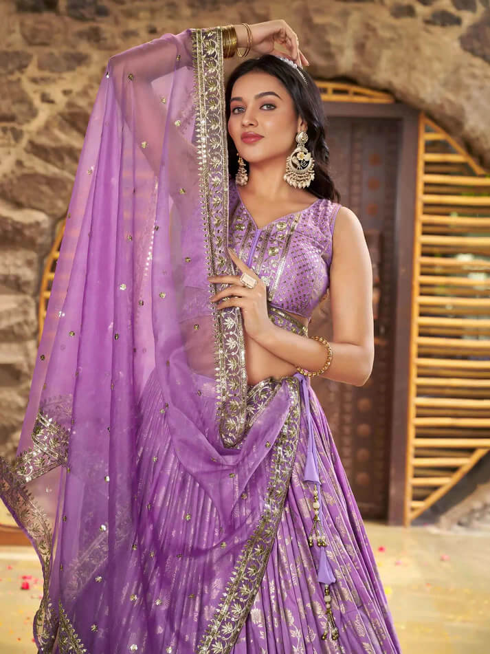 Lavender Jacquard Lehenga with Zari & Sequins Work