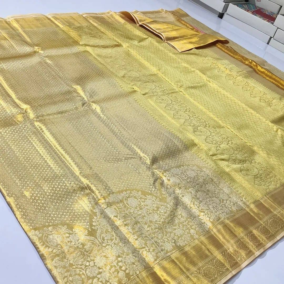 Gold Kanchipuram Handloom Tissue Brocade Silk Saree