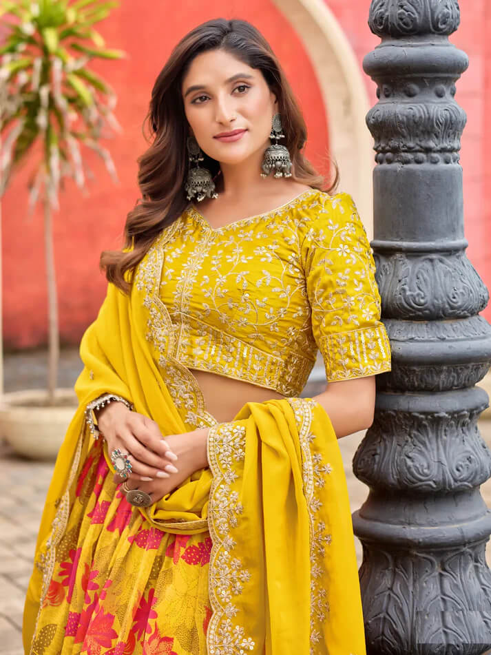 Yellow Taby Silk Lehenga with Floral Print & Embroidery