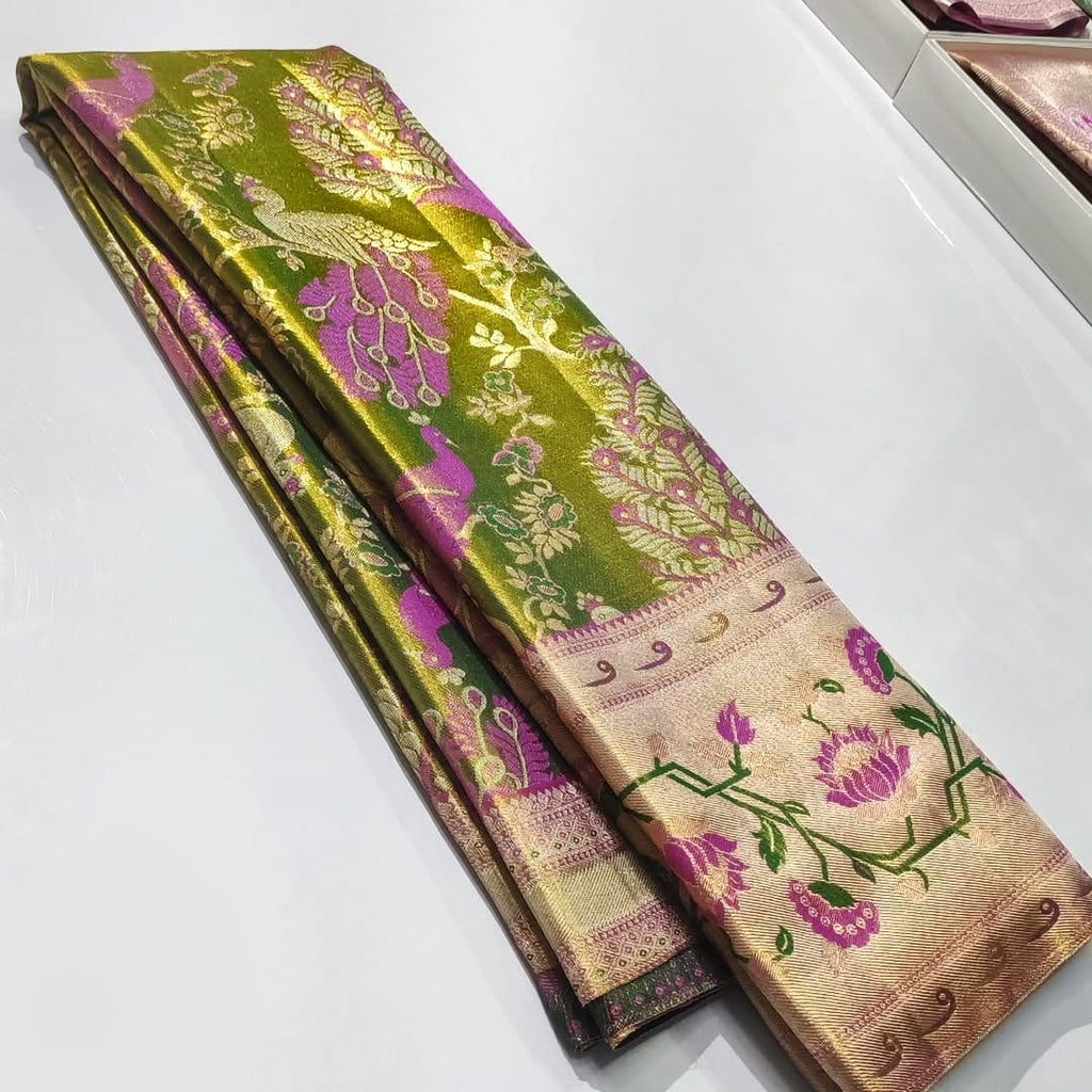 Green Kanchipuram Handloom Tissue Brocade Paithani Silk Saree