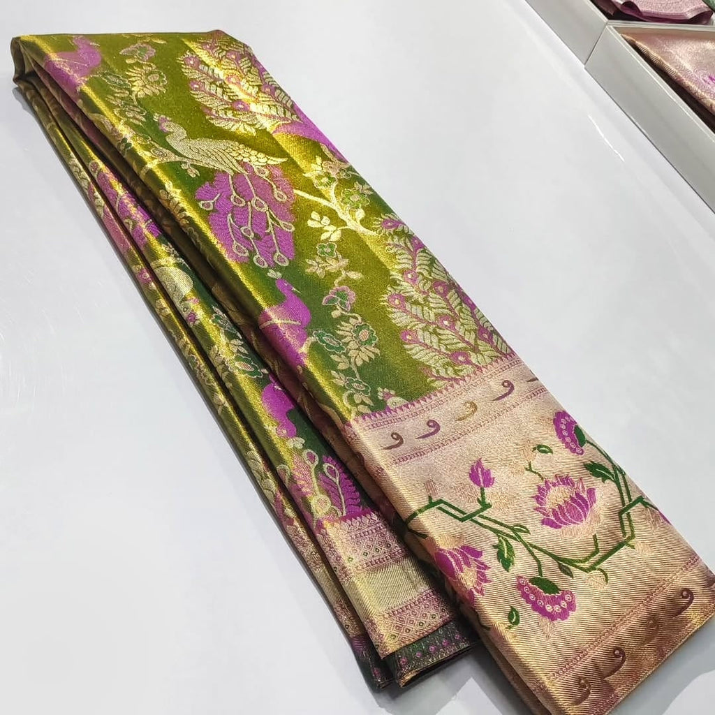 Green Kanchipuram Handloom Tissue Brocade Paithani Silk Saree