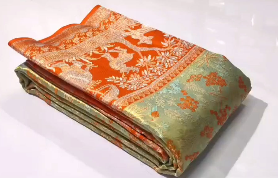 Pista Grøn Kanchipuram Håndvævet Tissue Brocade Meenakari Silk Saree