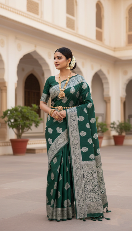 Bottle Green Banarasi Mashru Soft Silk Saree