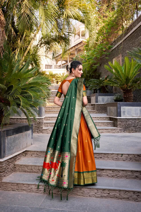 Orange Zari Weaving Paithani Lehenga Choli in Jacquard Silk