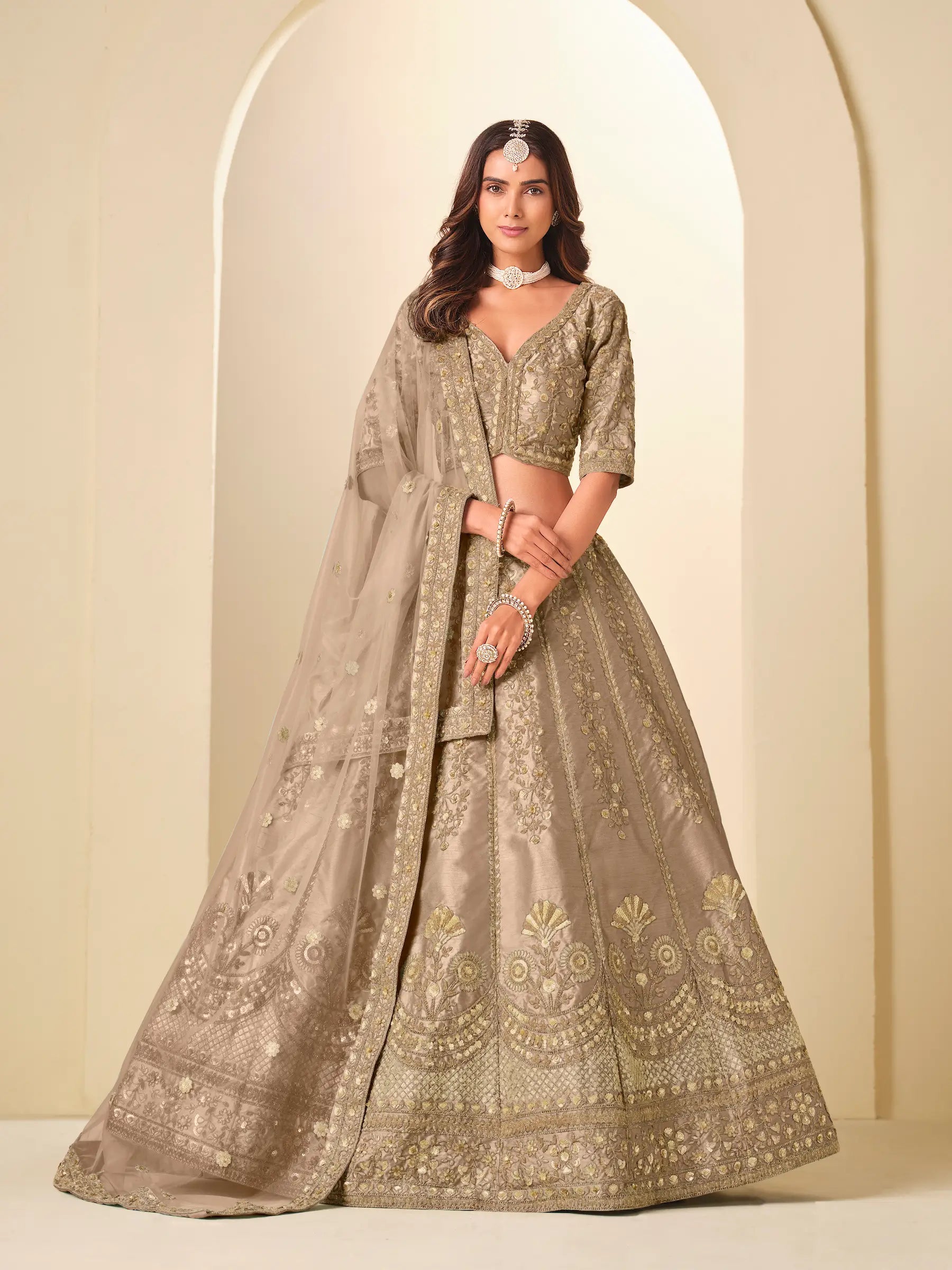 Pale Brown Sequins Embroidery Art Silk Lehenga Choli