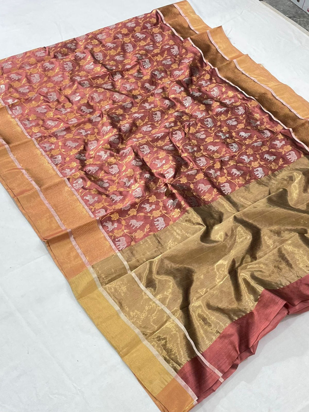Copper Chanderi Handloom Pattu Silk Shikargah Handwork Saree