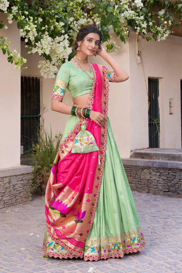 Pista Green Jacquard Silk Lehenga with Zari Weaving and Embroidered Border