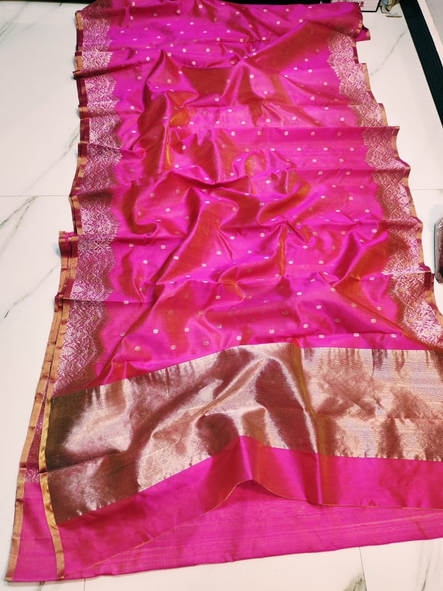 Hot Pink Chanderi Handloom Pattu Silk Meenakari Handwork Saree