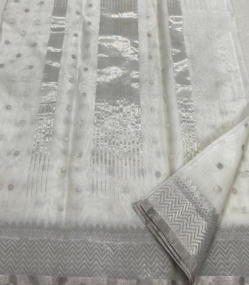 Pearl White Chanderi Handloom Katan Silk Saree