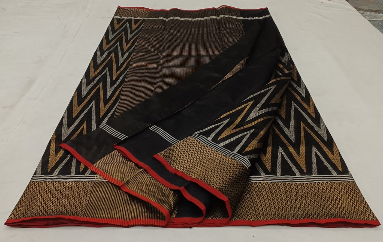 Sort Chanderi Håndvævet Pattu Silk Håndværk Saree