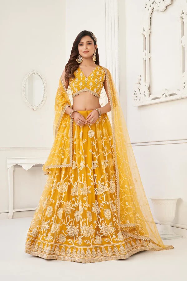 Designer Yellow Cotton Thread & Zari Lehenga