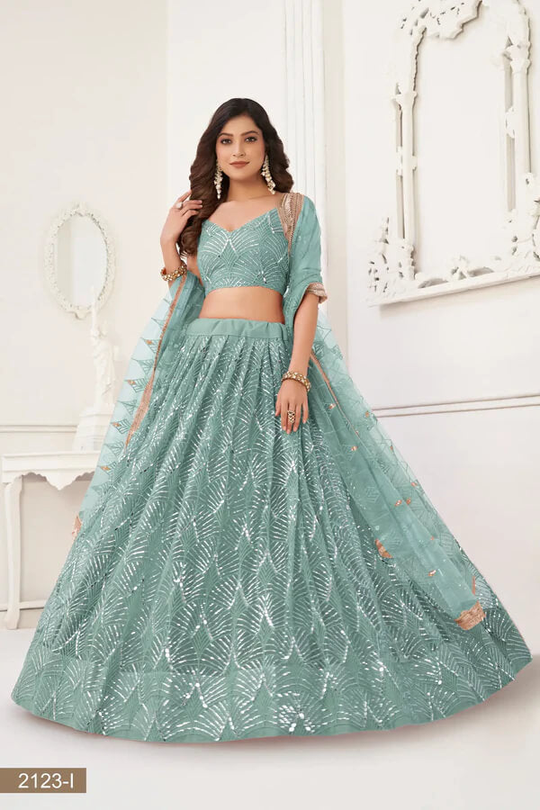 Ocean Blue Embroidered Net Lehenga Choli