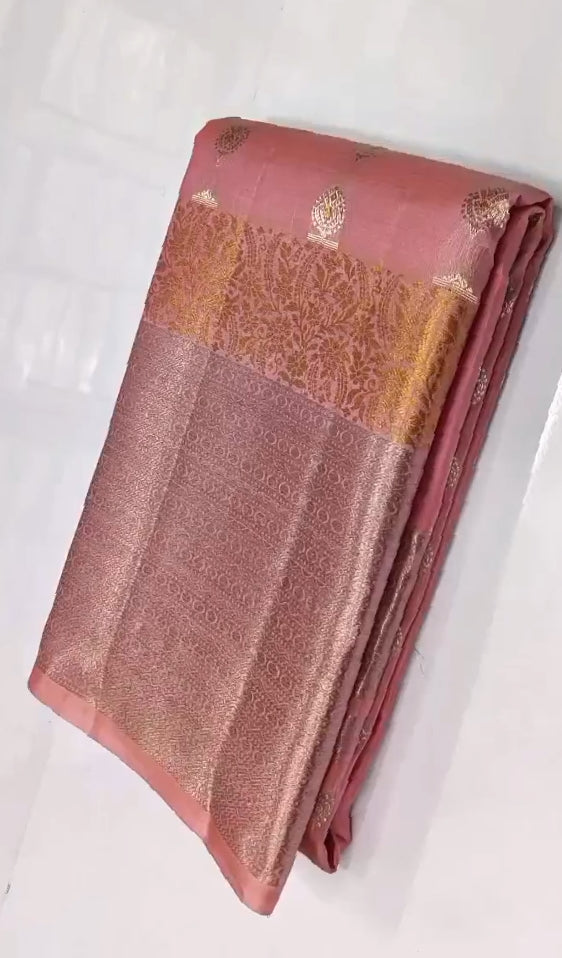 Pink Kanchipuram håndvævet enkelt Warp Pattu Silk Saree