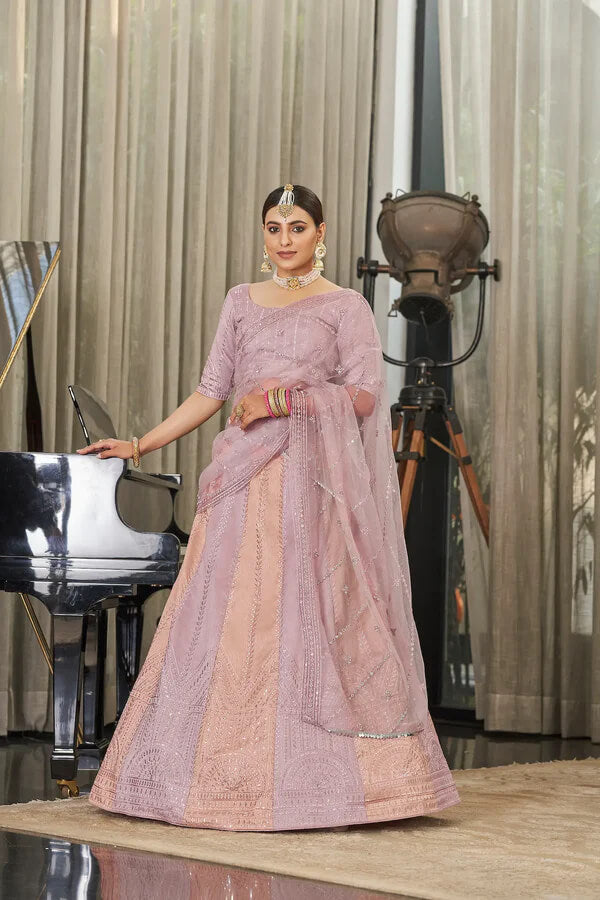 Peach Pink Art Silk Lehenga Choli with Sequins & Thread Work