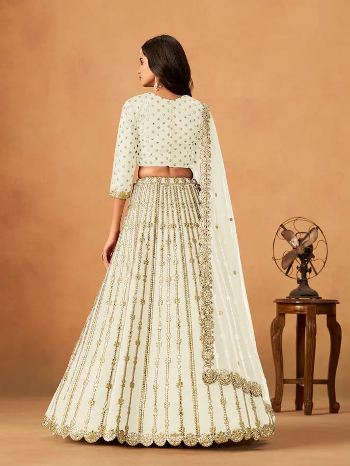Off White Art Silk Lehenga with Mirror & Embroidery