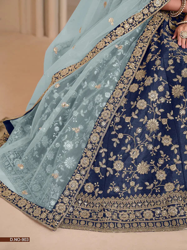 Dark Blue Art Silk Designer Lehenga Choli with Sequins Work
