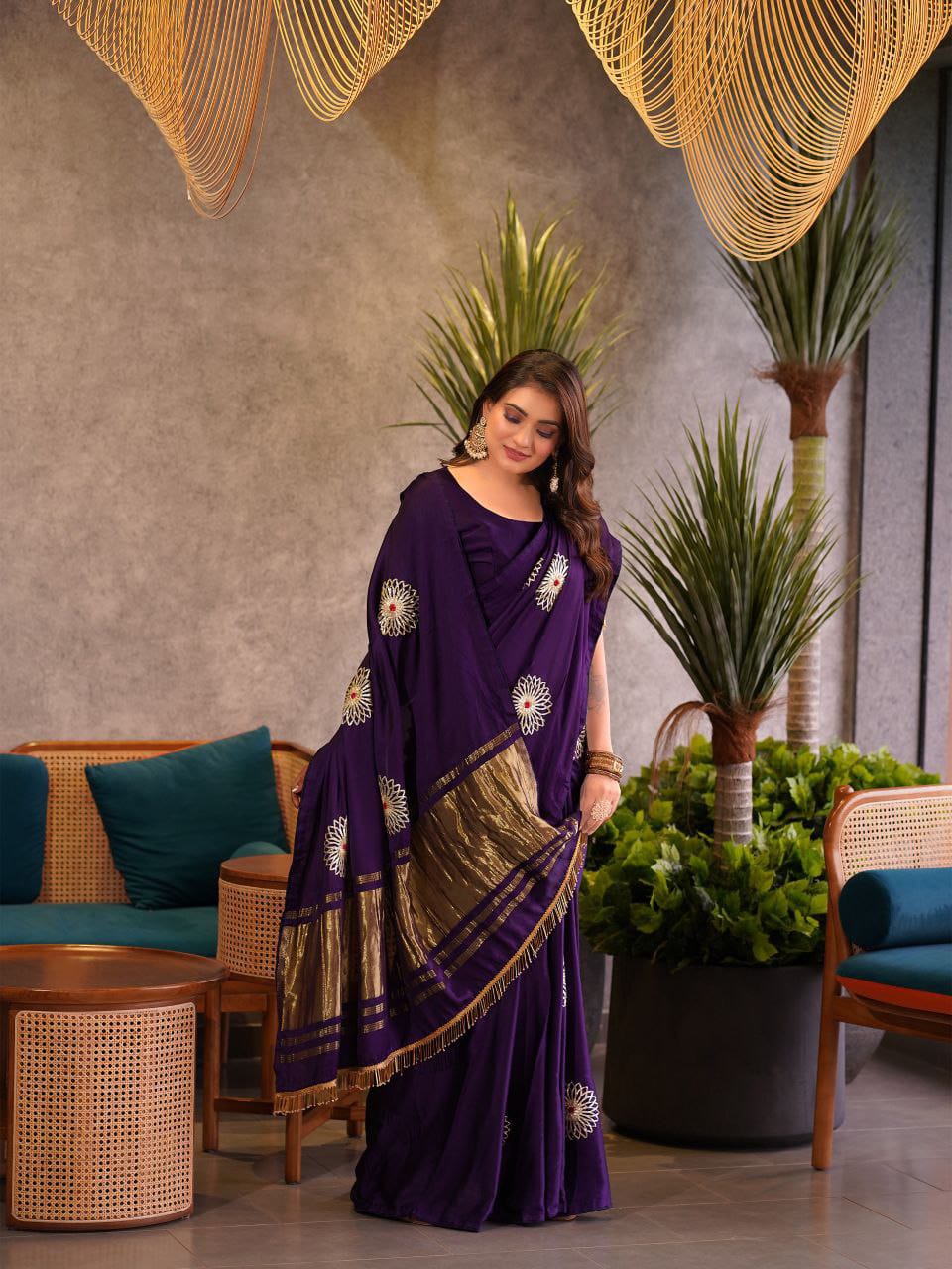 Purple Hand Embroidered Jaipuri Gajji Silk Saree