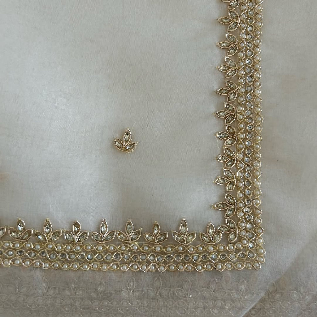 Pearl White Hand Embroidered Organza Silk Saree