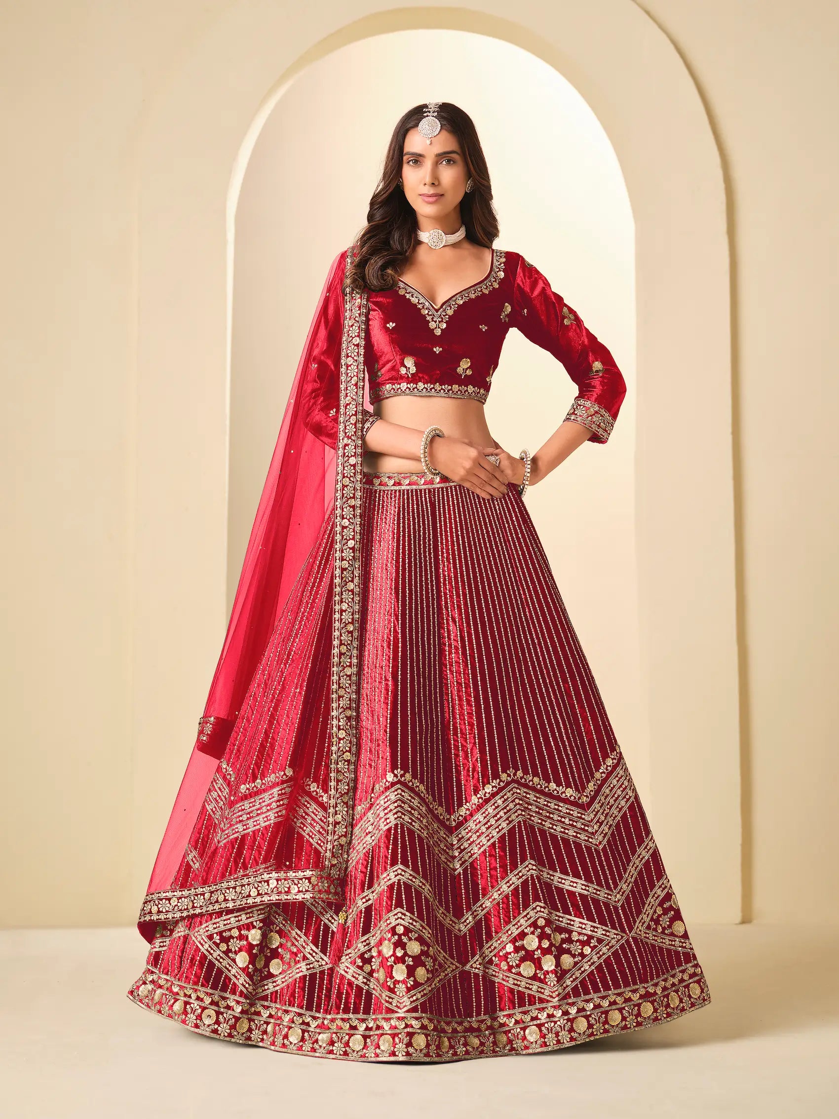 chili Red Sequins Embroidery Work Velvet Lehenga Choli