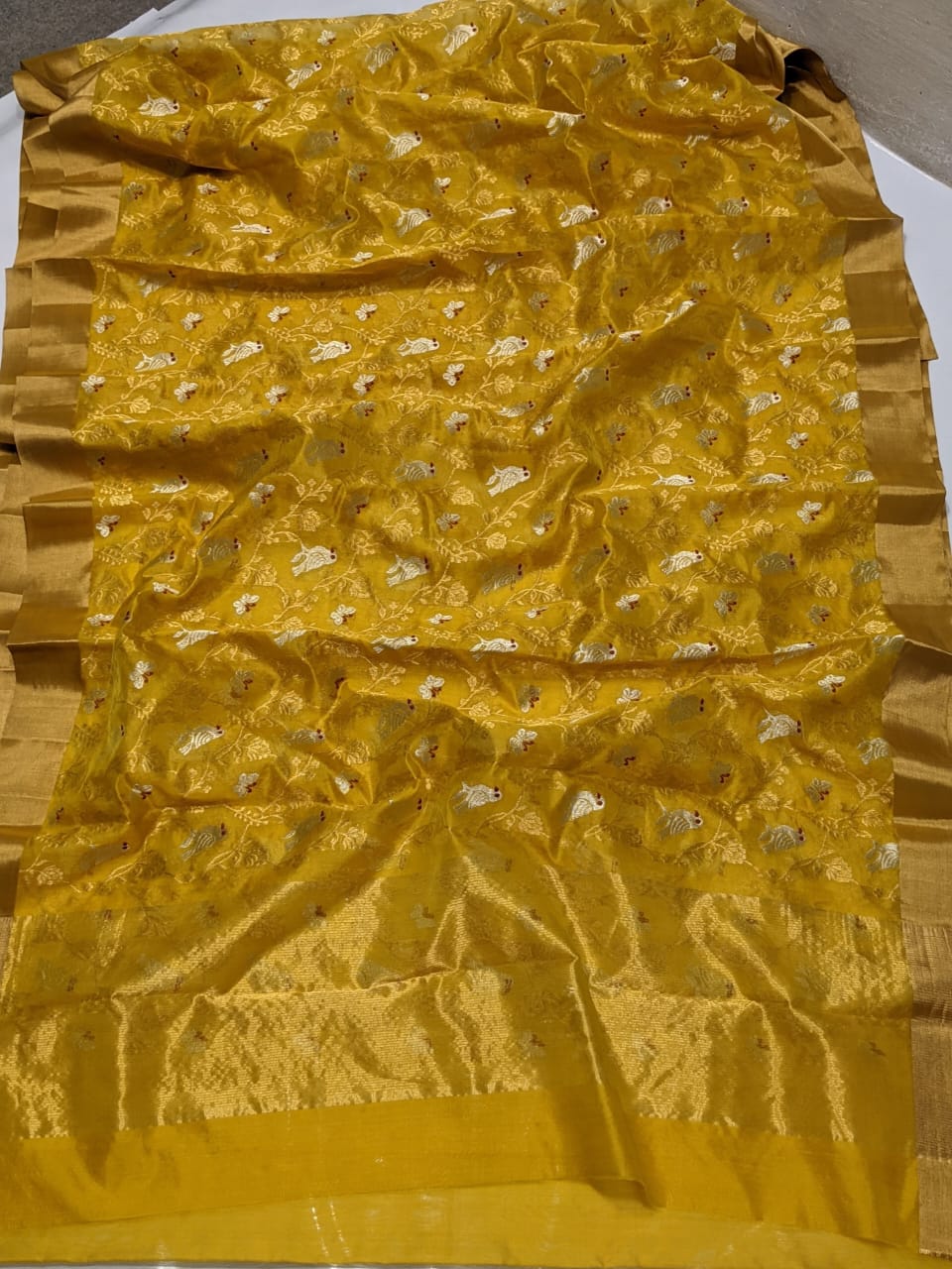 Mustard Yellow Chanderi Handloom Pattu Silk Meenakari Saree