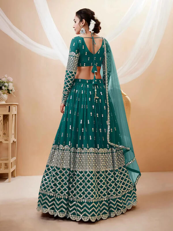 Teal Blue Sequins & Zari Embroidered Georgette Lehenga